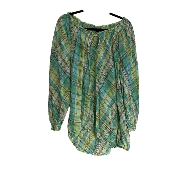 Lane Bryant 18/20 Green Plaid Cotton Gauze Long Sleeve Smocked Keyhole Top NWT - Picture 2 of 12